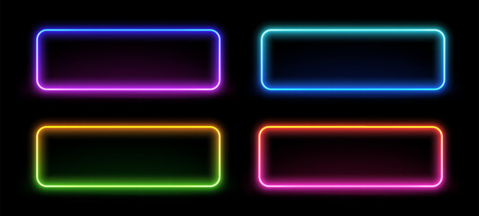 Neon rectangular frame. Illuminate frame design. Set of rounded neon border. Futuristic graphic element. Glowing neon lighting on dark background. Blue, pink, purple, violet. Vector