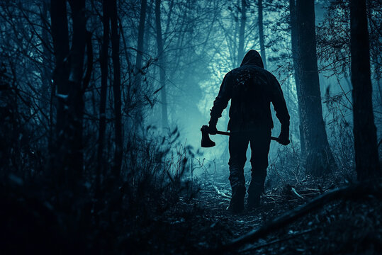 Axe murderer holding an axe walking in a creepy, foggy forest. Halloween horror concept 