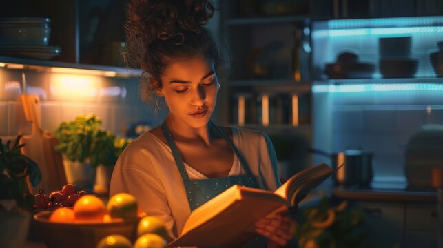 A young woman reads a cookbook in a cozy kitchen filled with fresh fruits and warm light at night.