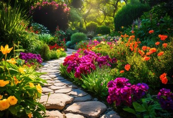 vibrant garden walkways showcasing diverse plant arrangements lush foliage colorful blooms inviting outdoor space, pathway, plants, flowers, landscape