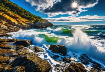 Fototapeta premium stunning coastal views featuring dramatic waves vibrant ocean patterns under bright blue skies, beach, water, sky, horizon, landscape, scenery, seaside