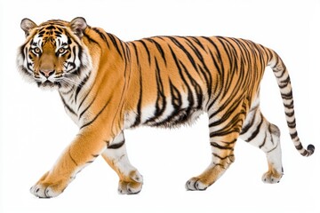 Fototapeta premium striking Bengal tiger moves gracefully, displaying its vibrant orange and black stripes. The isolation enhances its natural beauty, capturing attention with every step.