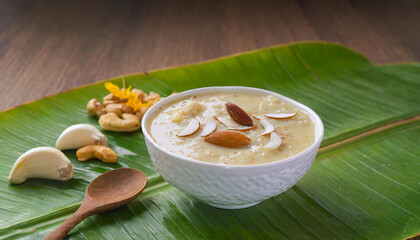 South Indian desert payasam served in a white bowl 
