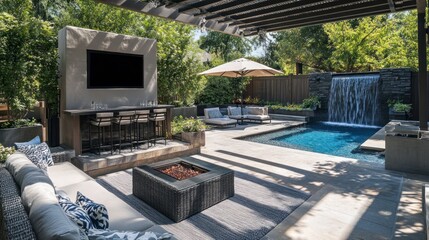 Modern Backyard Oasis with Swimming Pool and Waterfall