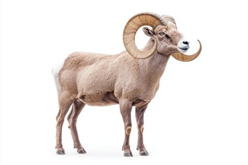 bighorn sheep stands tall and proud, displaying its remarkable curved horns. The animal's strong physique and striking features create an impressive sight.