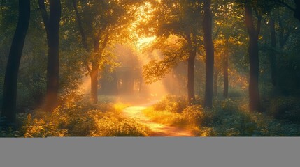 enchanting misty forest path winding through towering ancient trees dappled with soft morning light and a hint of magical atmosphere