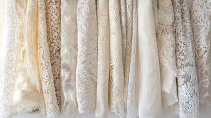 Obraz premium Different lace styles displayed on a rack against a white background in a retail setting