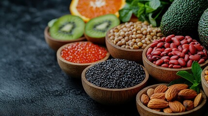   Wooden bowls hold various fruits, veggies, nuts & avocados in a table setup