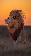 Proud male lion with wind-tousled mane bathed in soft sunset glow