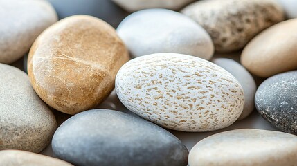   A macro photo of a cluster of multicolored stones, including white and brown ones, arranged in the center of the frame, surrounded by contrasting black and white rocks