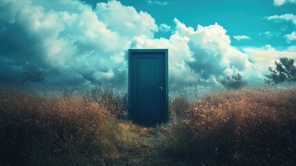 mysterious blue door in a grassy field under a dramatic cloudy sky
