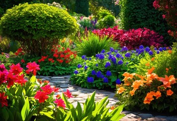 Naklejka premium vibrant garden layouts showcasing striking plant combinations lush colorful artistic arrangements stunning outdoor space, aesthetic, appeal, backyard, bed