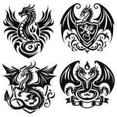 Obraz premium Dragon emblem vector illustrations in black and white, ideal for tattoo designs and fantasy themes