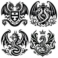 Fototapeta premium Heraldic dragon emblem designs, black and white vector illustrations, symbolizing strength and power