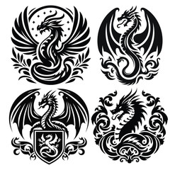 Set of dragon illustrations vector art, black and white, symbolizing power and mythology