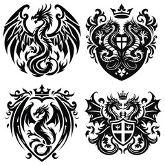 Obraz premium Heraldic dragon emblems and shields, black and white vector illustration, ideal for tattoo designs