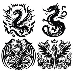Fototapeta premium Black and white dragon illustrations vector art, fierce mythical creatures, fantasy-themed tattoos