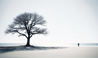Fototapeta premium A lone figure walks along a sandy beach toward the water, with a bare tree standing in the foreground