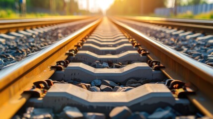 Obraz premium close up of railway tracks with warm sunlight and perspective view in outdoor environment 