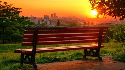 Fototapeta premium wooden bench in a park surrounded by green trees and grass creating a peaceful and relaxing atmosphere 