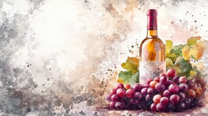 Obraz premium A wine bottle and grapes are beautifully depicted with subtle watercolor blend, creating serene and inviting atmosphere. rich colors and soft textures evoke sense of warmth and relaxation. 