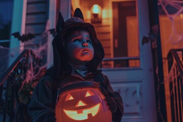 Child in Vampire Costume Holding Glowing Pumpkin Candy Bucket on Spooky Porch for Halloween
