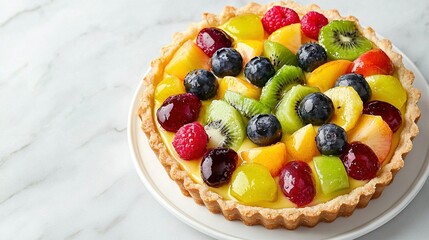   Fruit tart on white plate, marble countertop, knife & fork
