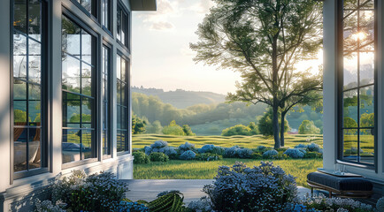 Obraz premium A charming countryside home with large windows overlooking a lush valley. Generative AI.