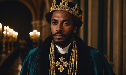 A man wearing a crown and gold chains stands in a dimly lit room, looking directly at the camera