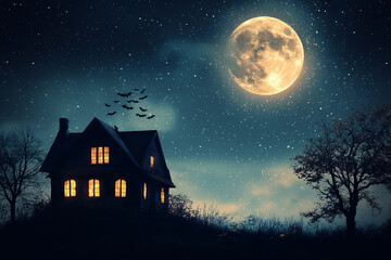 Fototapeta premium Spooky Haunted House Illustration with Bats Flying Around a Full Moon in a Halloween-Themed Scene