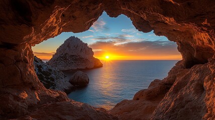 Es Vedra islet at sunset viewed through the rock holes of a cave in Ibiza, Sant Josep de Sa Talaia, Balearic Islands, Spain