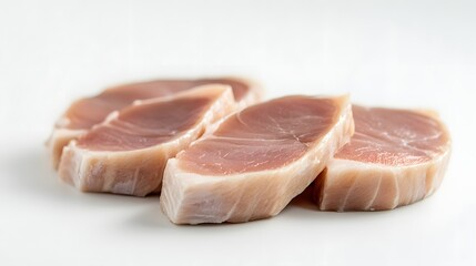 9. Freshly sliced swordfish steaks with their firm, pink flesh and slight marbling, displayed on a white backdrop
