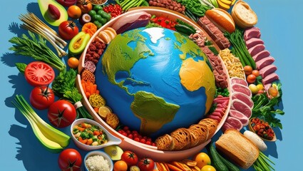 Fototapeta premium 3D Earth Surrounded by Various Types of Foods for World Food Day to Emphasize the Need for Global Food Distribution and Security, Featuring Vibrant and Informative Visuals