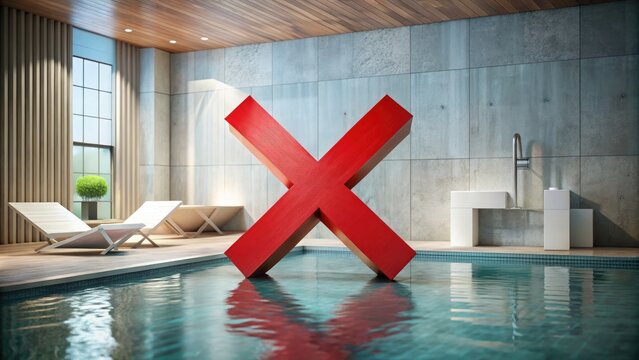 A blank, red "X" symbol overlies a serene spa atmosphere, conveying a sense of rejection or ban, in a high-contrast, minimalist design.