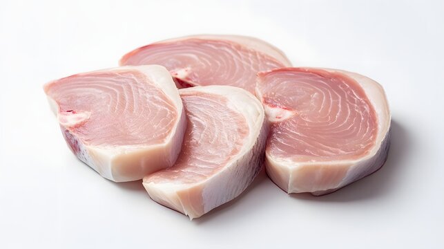 9. Freshly sliced swordfish steaks with their firm, pink flesh and slight marbling, displayed on a white backdrop