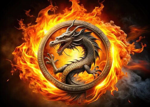 A blazing dragon wraps around a circular insignia, fiery flames erupting from its mouth as it fiercely guards a bold, modern emblem.