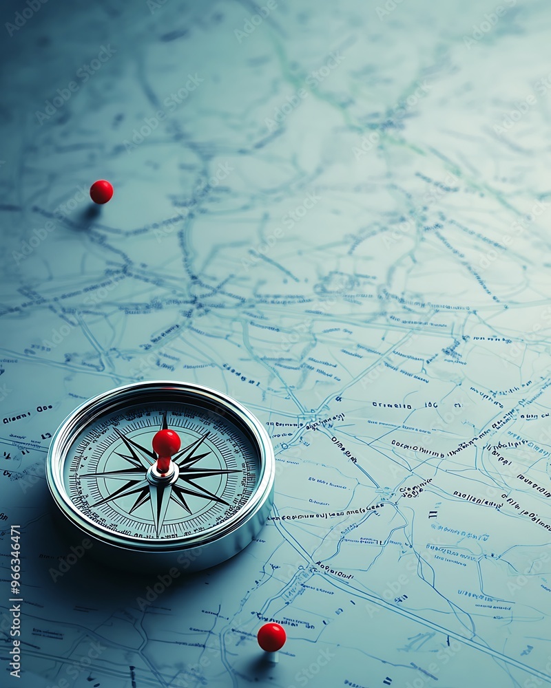 Wall mural a sleek compass with red pins placed on a blue, softly blurred map backdrop. bokeh effect creates a 