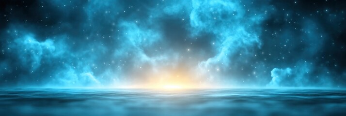 Fototapeta premium A blue sky with a bright sun in the middle. The sky is filled with stars and the sun is shining brightly