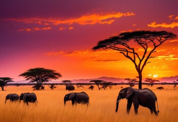Fototapeta premium expansive savanna landscapes bathed vibrant sunset skies rich colors stunning natural beauty, sky, horizon, trees, grass, clouds, evening, light, scenery