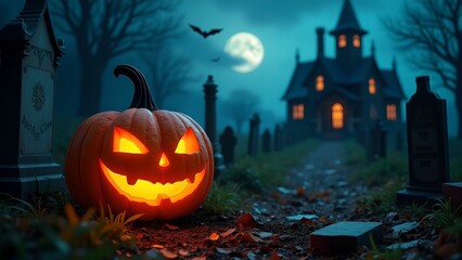 Fototapeta premium Halloween banner, jack o lantern and tombstones in spooky cemetery with haunted house and bats on Halloween night