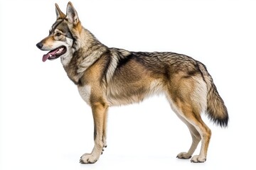 striking Czechoslovakian Wolfdog poses confidently, showcasing its powerful build and wolf-esque features, set against a pristine white background.