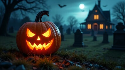 Halloween banner, jack o lantern and tombstones in spooky cemetery with haunted house and bats on Halloween night