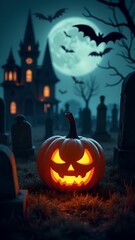 Fototapeta premium Halloween banner, jack o lantern and tombstones in spooky cemetery with haunted house and bats on Halloween night