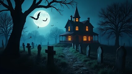 Fototapeta premium Halloween banner, jack o lantern and tombstones in spooky cemetery with haunted house and bats on Halloween night