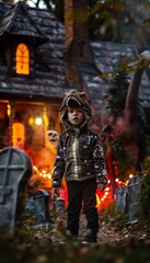 Young Boy in Dinosaur Costume in Front of Haunted House with Graveyard Theme for Halloween Night