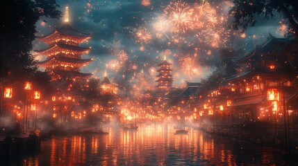 Fototapeta premium Lantern Festival Fireworks Over Pagodas – Generative AI
