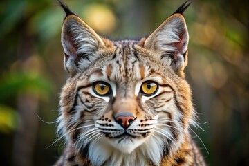 Fototapeta premium A close-up of a bobcat's distinctive face, featuring a tawny coat, white underbelly, and piercing yellow eyes with a curious, alert expression.
