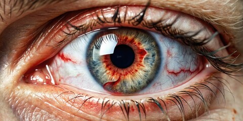 A close-up of a bloodshot eyeball with a laceration above the iris, surrounded by swelling and bruising, illustrating a severe eye injury or trauma.