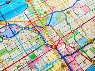 Obraz premium A close-up of a detailed map highlighting Macomb County road construction projects, featuring colorful routes, intersections, and highlighted areas of development and renovation.