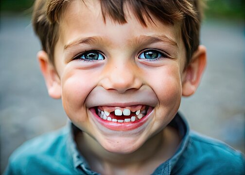 A close-up portrait of a young boy with a prominent snaggletooth smiling widely, showcasing his unique and endearing dental feature with infectious enthusiasm.